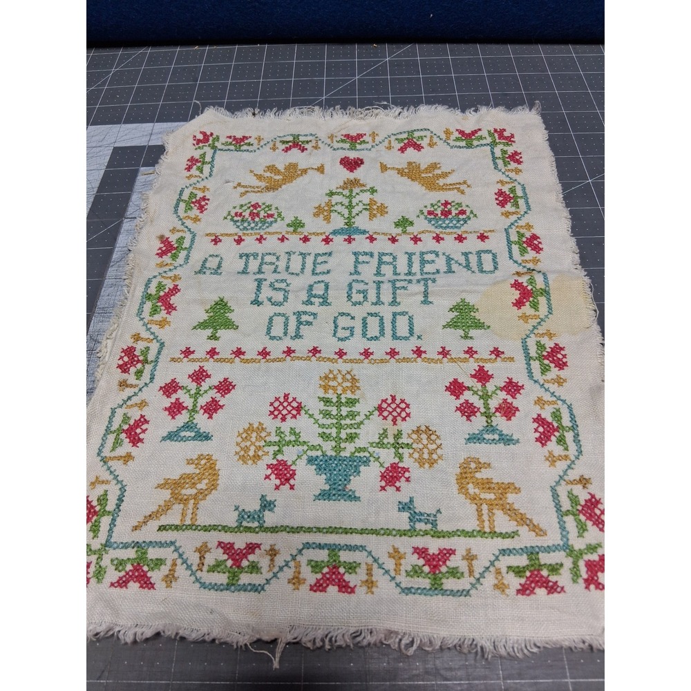Unbranded Vintage Cross Stitch Sampler Cream A True Friend Is A Gift Of God Folk